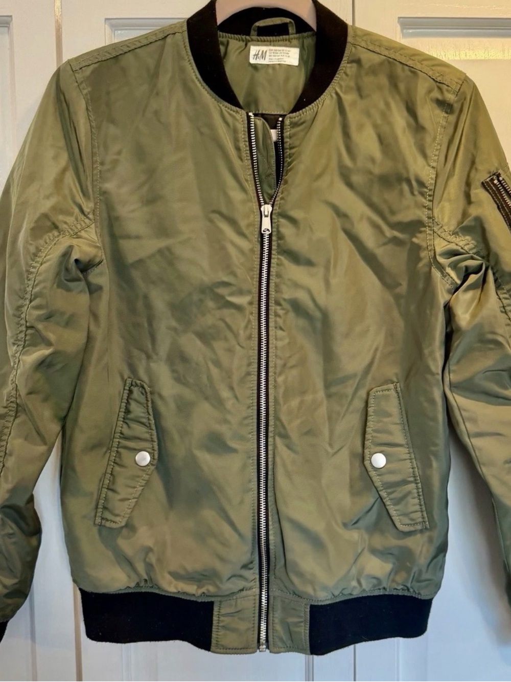 H&M Big Kids Size 12-14 Years - Olive Green Bomber Jacket with Black Trim